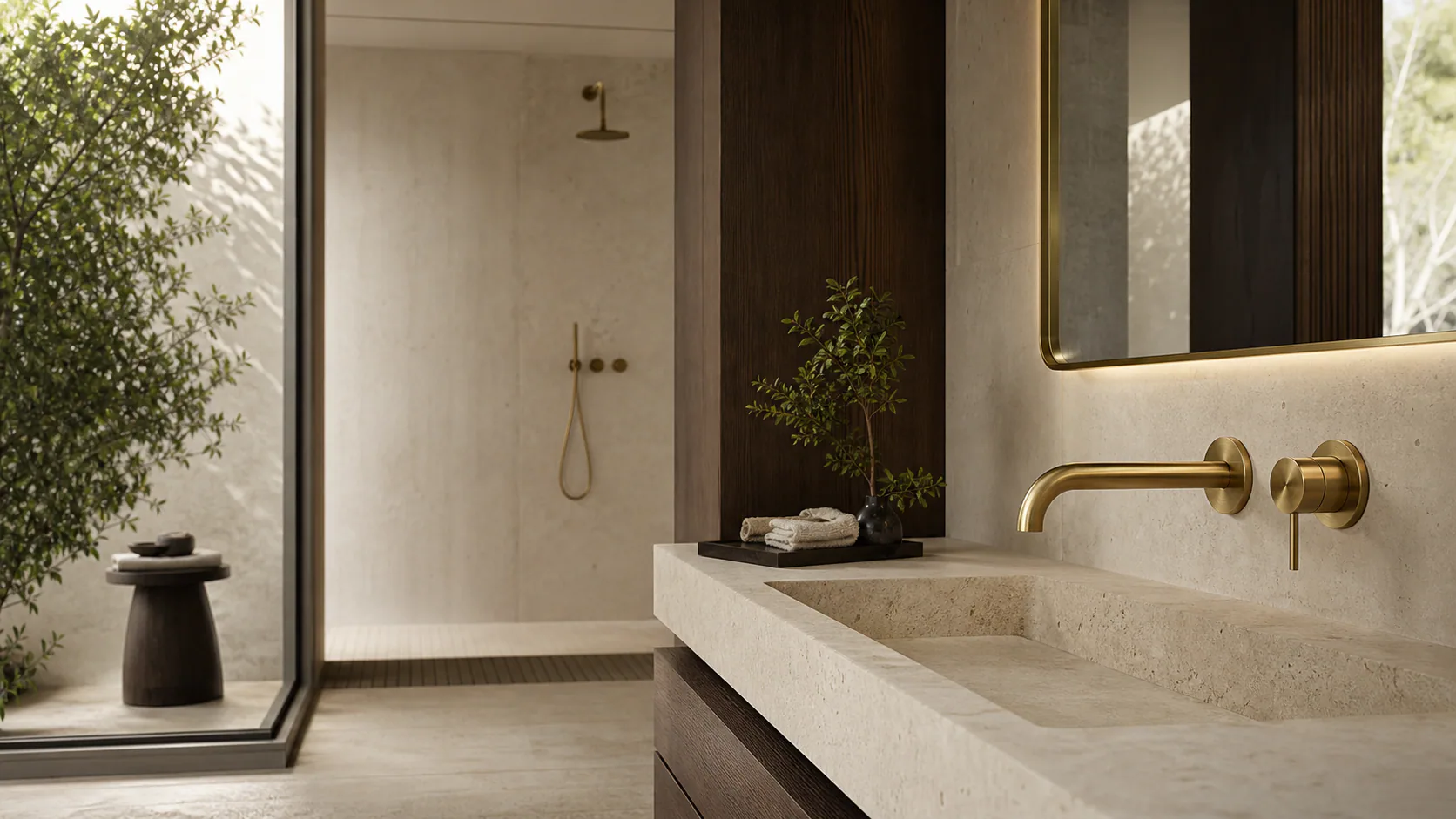 Brushed brass faucet in a warm stone bathroom